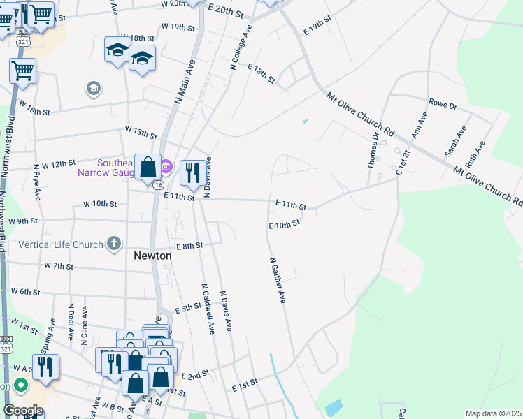 map of restaurants, bars, coffee shops, grocery stores, and more near 1022 North Gaither Avenue in Newton