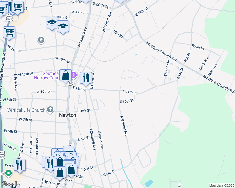 map of restaurants, bars, coffee shops, grocery stores, and more near 1022 North Gaither Avenue in Newton