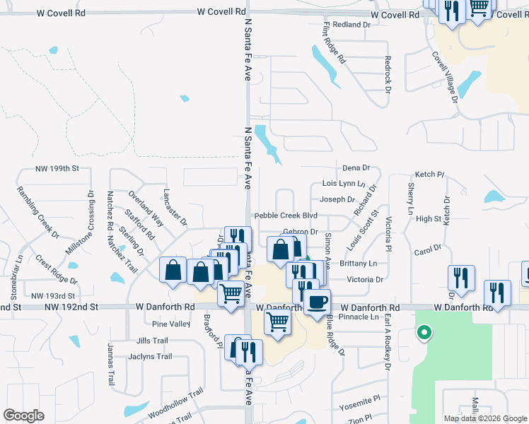 map of restaurants, bars, coffee shops, grocery stores, and more near 1621 Raquel Road in Edmond