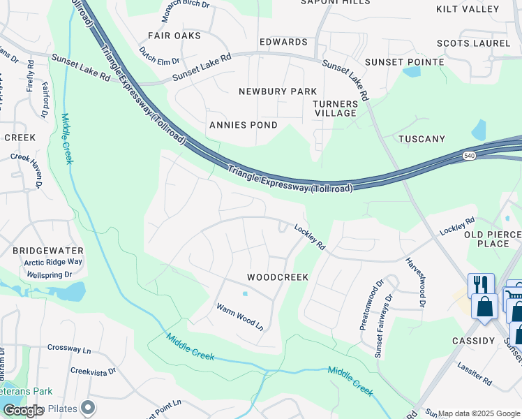 map of restaurants, bars, coffee shops, grocery stores, and more near 104 Mayfield Drive in Apex