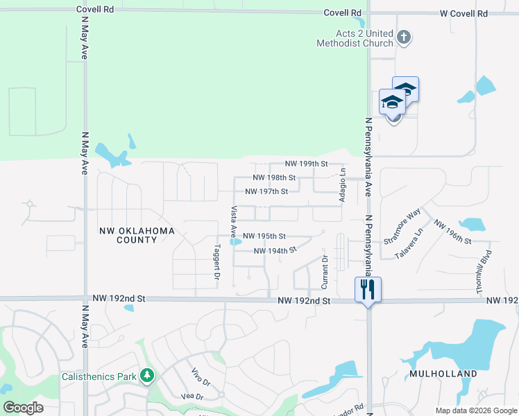 map of restaurants, bars, coffee shops, grocery stores, and more near 2424 Northwest 196th Terrace in Edmond