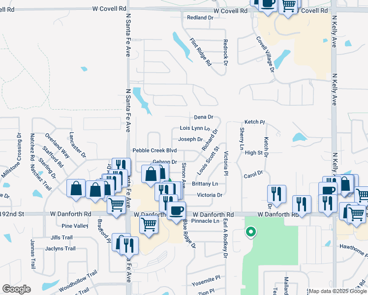 map of restaurants, bars, coffee shops, grocery stores, and more near 1909 Pebble Creek Boulevard in Edmond
