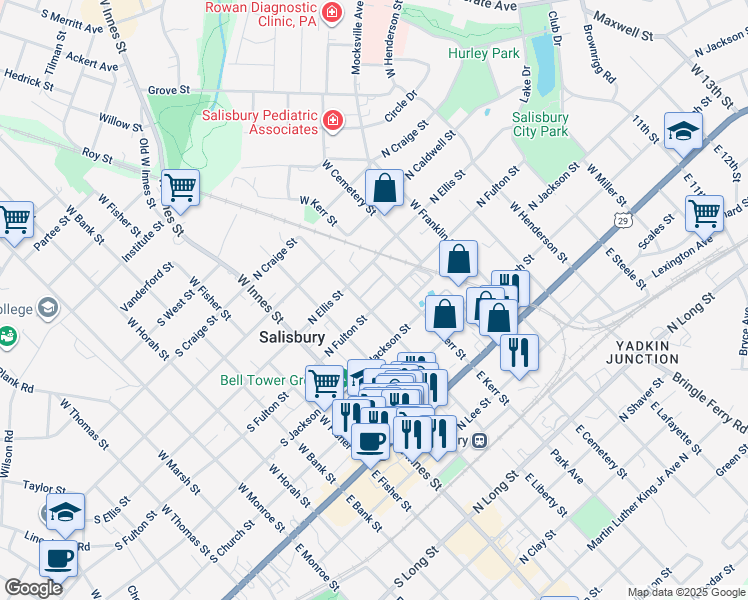 map of restaurants, bars, coffee shops, grocery stores, and more near 300 North Fulton Street in Salisbury