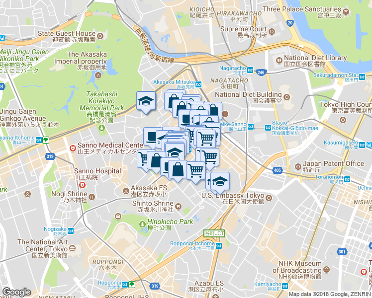 map of restaurants, bars, coffee shops, grocery stores, and more near in Minato-ku