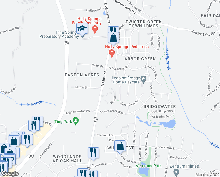 map of restaurants, bars, coffee shops, grocery stores, and more near 1500 Vine Street in Holly Springs