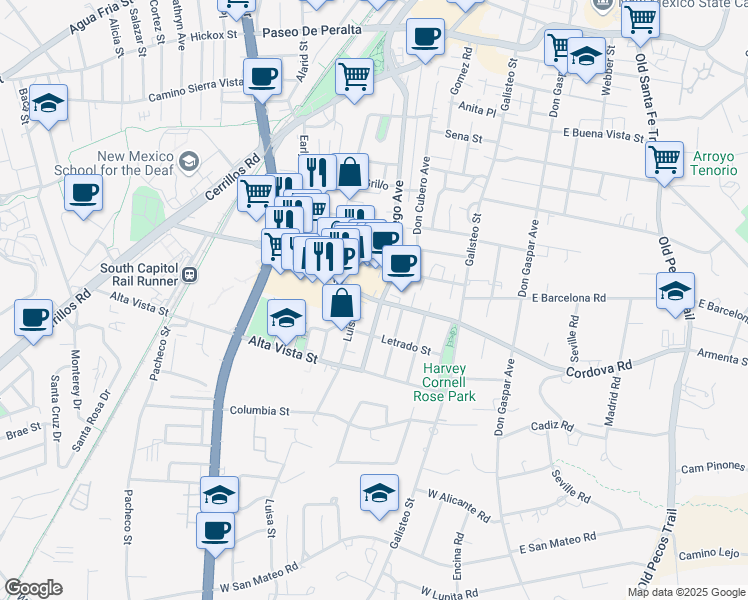 map of restaurants, bars, coffee shops, grocery stores, and more near 505 West Cordova Road in Santa Fe