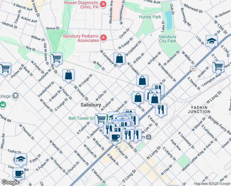 map of restaurants, bars, coffee shops, grocery stores, and more near 324 North Fulton Street in Salisbury