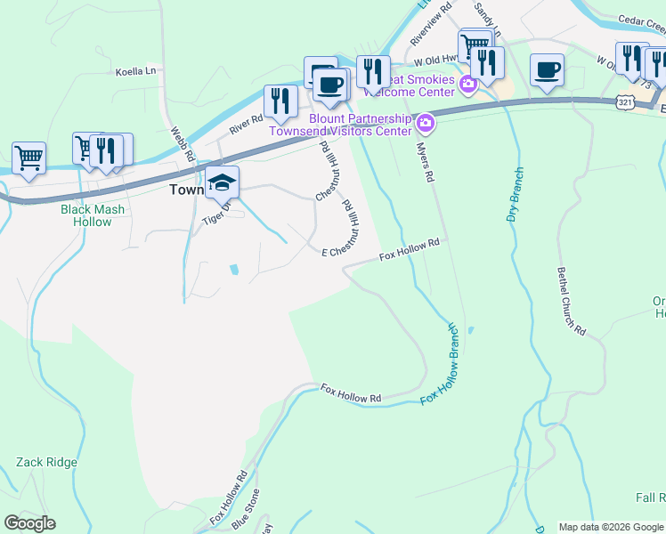 map of restaurants, bars, coffee shops, grocery stores, and more near 334 East Chestnut Hill Road in Townsend