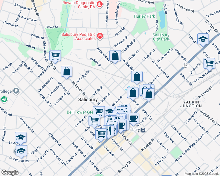 map of restaurants, bars, coffee shops, grocery stores, and more near 300 North Fulton Street in Salisbury