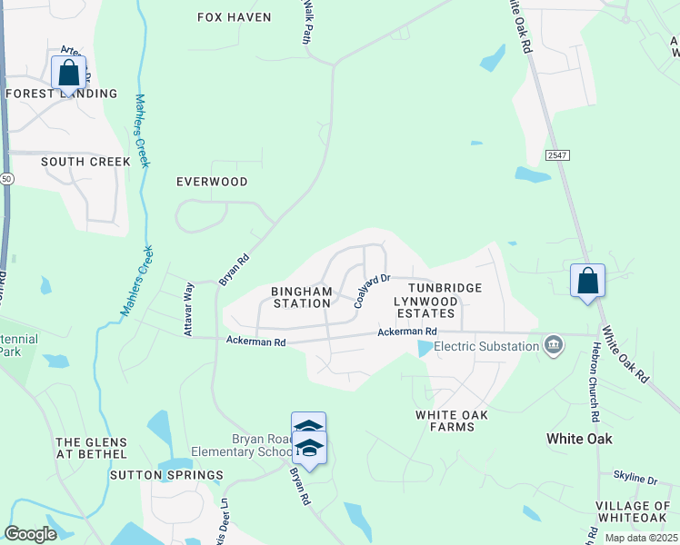 map of restaurants, bars, coffee shops, grocery stores, and more near 327 Cinder Cross Way in Garner