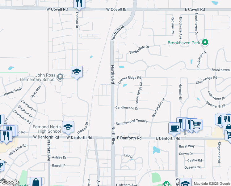 map of restaurants, bars, coffee shops, grocery stores, and more near 1808 Timber Ridge Road in Edmond