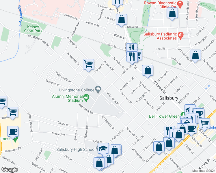 map of restaurants, bars, coffee shops, grocery stores, and more near 414 Institute Street in Salisbury