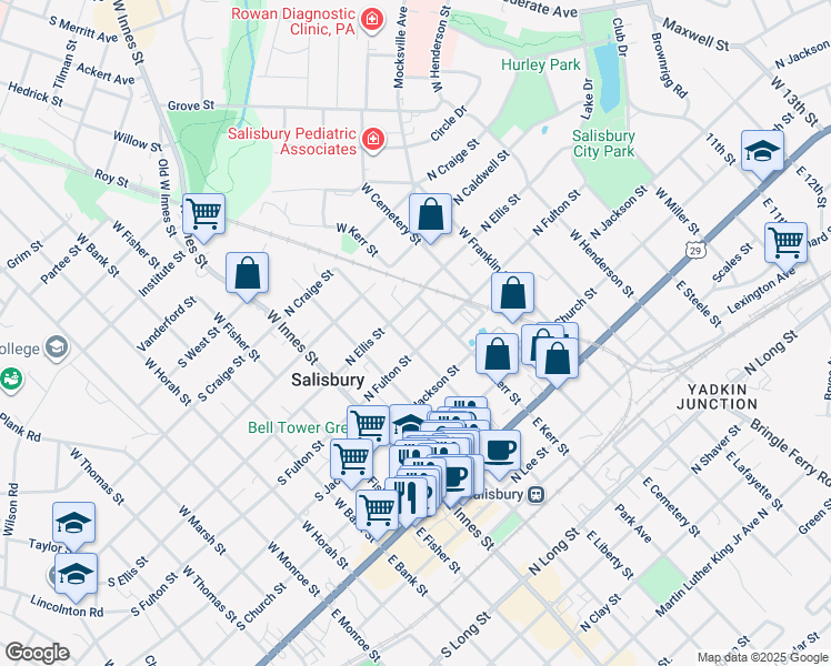 map of restaurants, bars, coffee shops, grocery stores, and more near 300 North Fulton Street in Salisbury