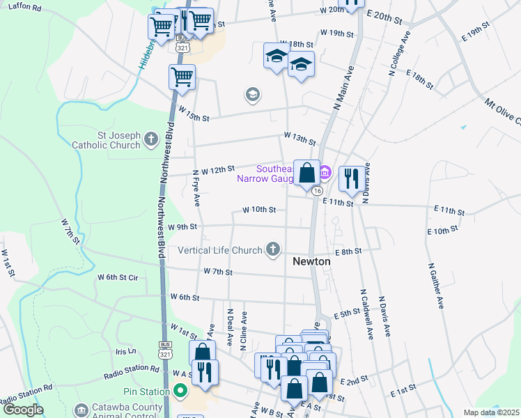 map of restaurants, bars, coffee shops, grocery stores, and more near West 10th Street in Newton