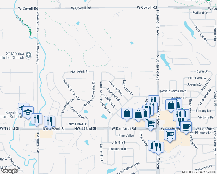 map of restaurants, bars, coffee shops, grocery stores, and more near 2832 Overland Way in Edmond