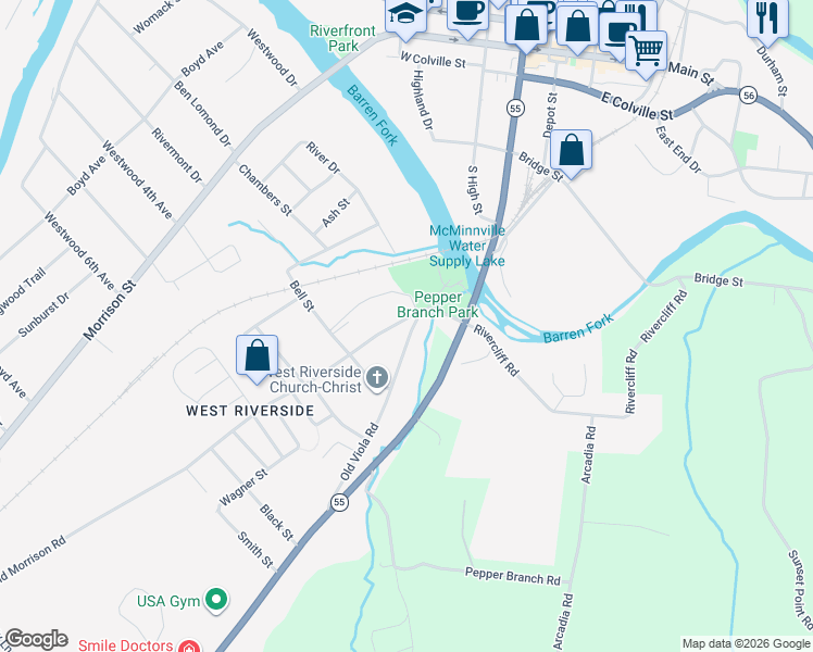 map of restaurants, bars, coffee shops, grocery stores, and more near 131 Old Morrison Road in McMinnville