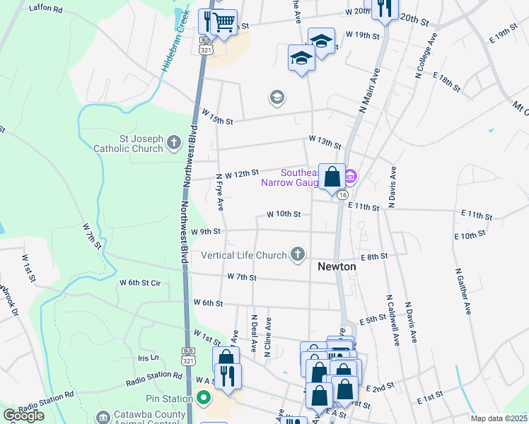 map of restaurants, bars, coffee shops, grocery stores, and more near West 10th Street in Newton