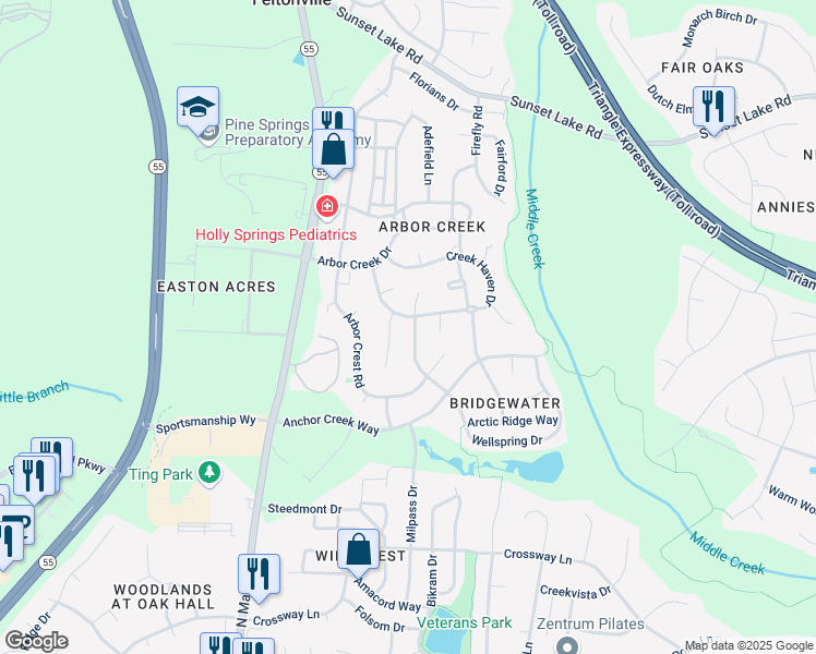 map of restaurants, bars, coffee shops, grocery stores, and more near 104 Wellspring Drive in Holly Springs