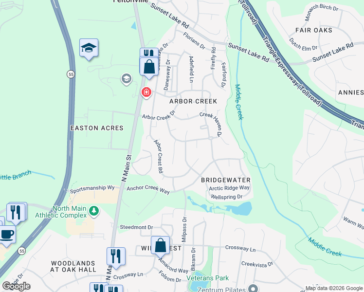 map of restaurants, bars, coffee shops, grocery stores, and more near 305 Creek Haven Drive in Holly Springs