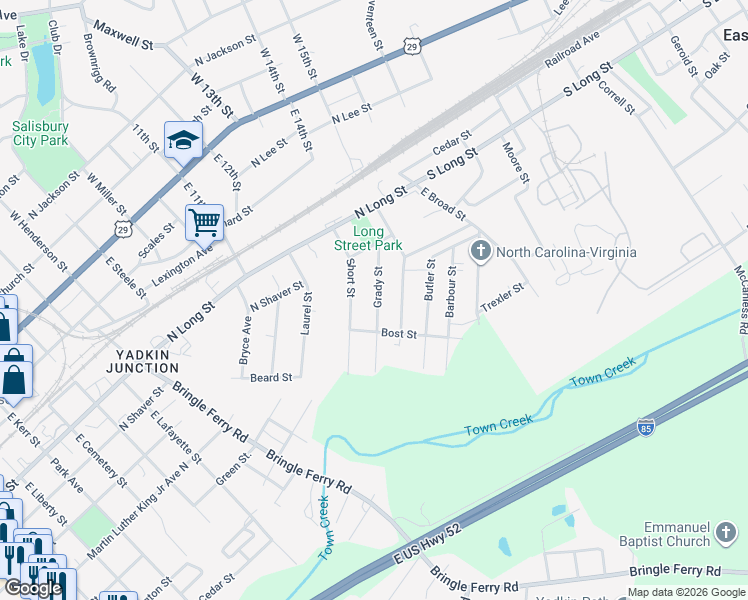 map of restaurants, bars, coffee shops, grocery stores, and more near 1119 Grady Street in Salisbury
