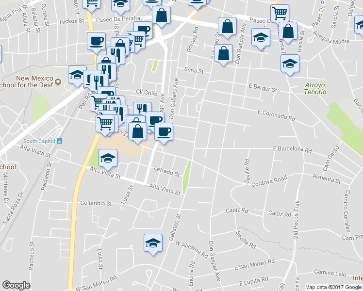 map of restaurants, bars, coffee shops, grocery stores, and more near 214 Camino De Los Marquez in Santa Fe