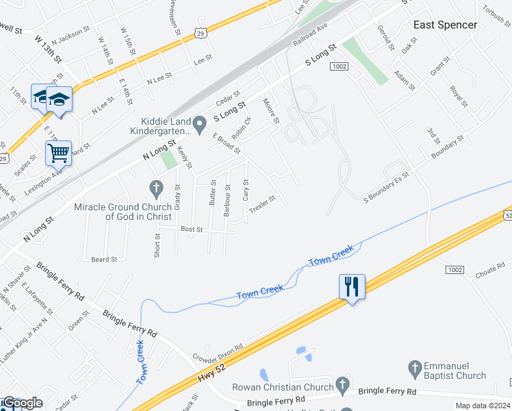 map of restaurants, bars, coffee shops, grocery stores, and more near 1018 Trexler Street in Salisbury