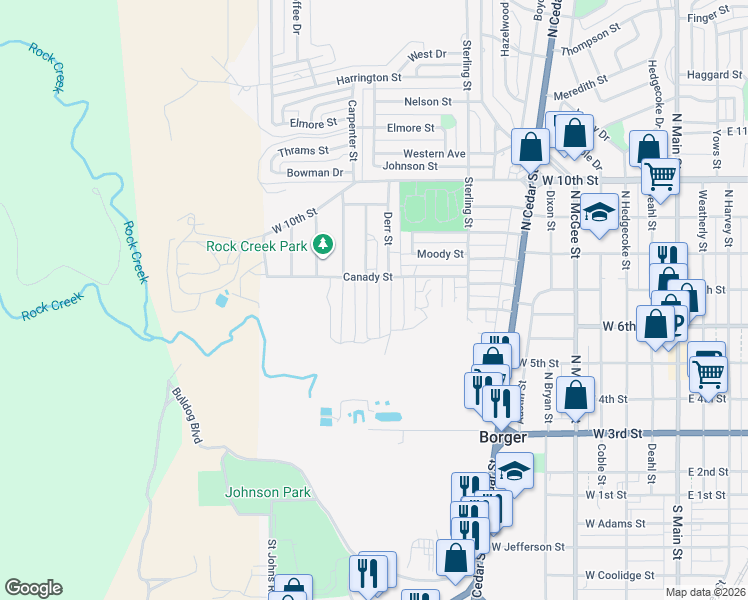 map of restaurants, bars, coffee shops, grocery stores, and more near 718-798 Mc Pherson Street in Borger