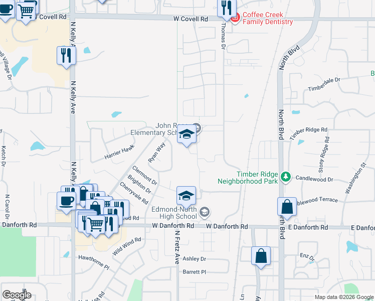 map of restaurants, bars, coffee shops, grocery stores, and more near 1901 Thomas Drive in Edmond