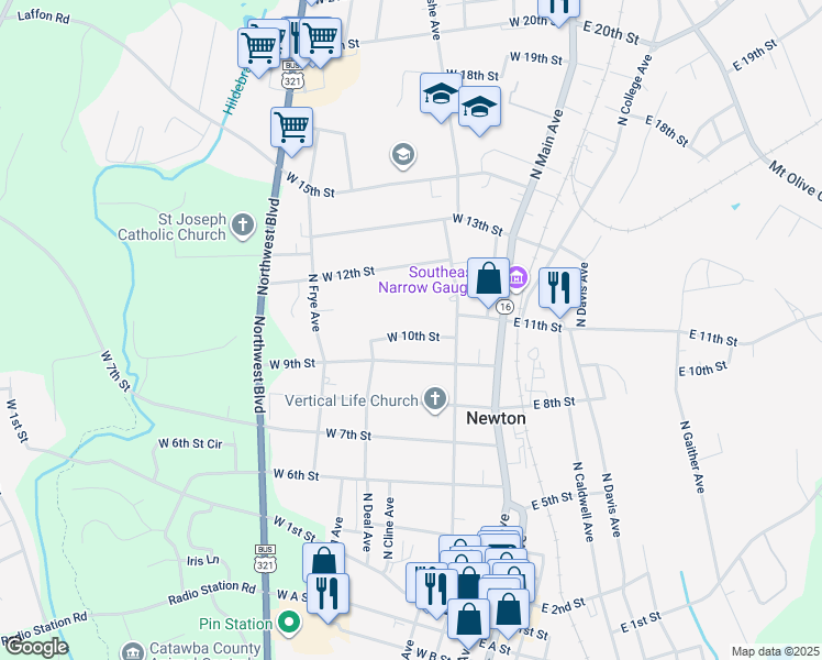 map of restaurants, bars, coffee shops, grocery stores, and more near 208 West 10th Street in Hickory