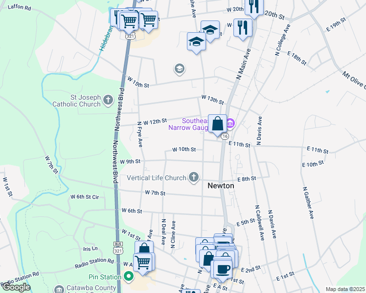 map of restaurants, bars, coffee shops, grocery stores, and more near 208 West 10th Street in Hickory