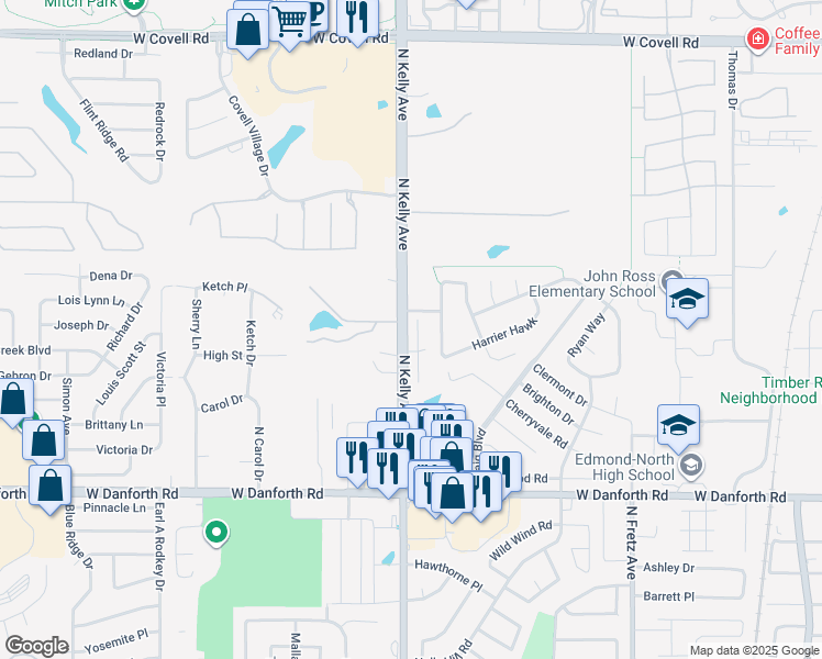 map of restaurants, bars, coffee shops, grocery stores, and more near 1721 Apian Way in Edmond
