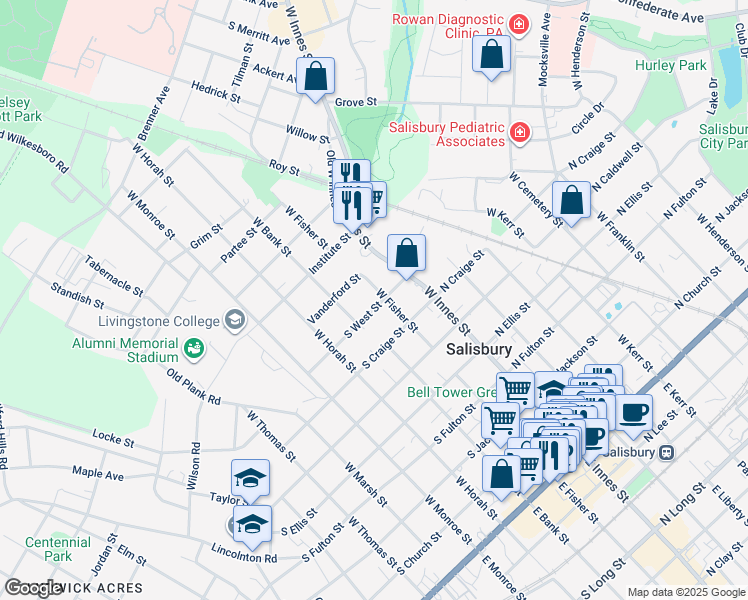 map of restaurants, bars, coffee shops, grocery stores, and more near 801 W Fisher St in Salisbury