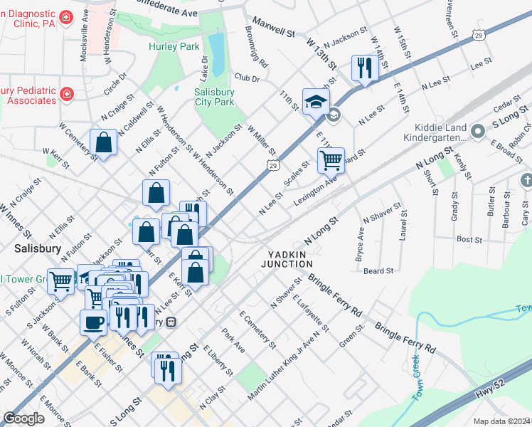 map of restaurants, bars, coffee shops, grocery stores, and more near 813 North Lee Street in Salisbury