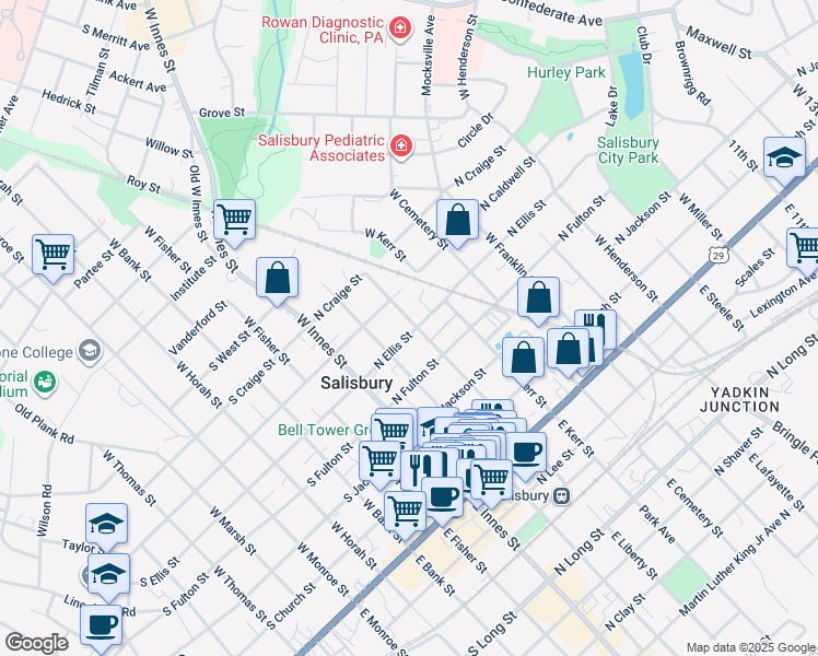 map of restaurants, bars, coffee shops, grocery stores, and more near 501 West Liberty Street in Salisbury