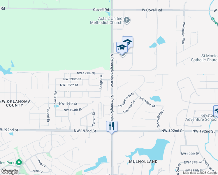 map of restaurants, bars, coffee shops, grocery stores, and more near 19808 Serenade Way in Edmond