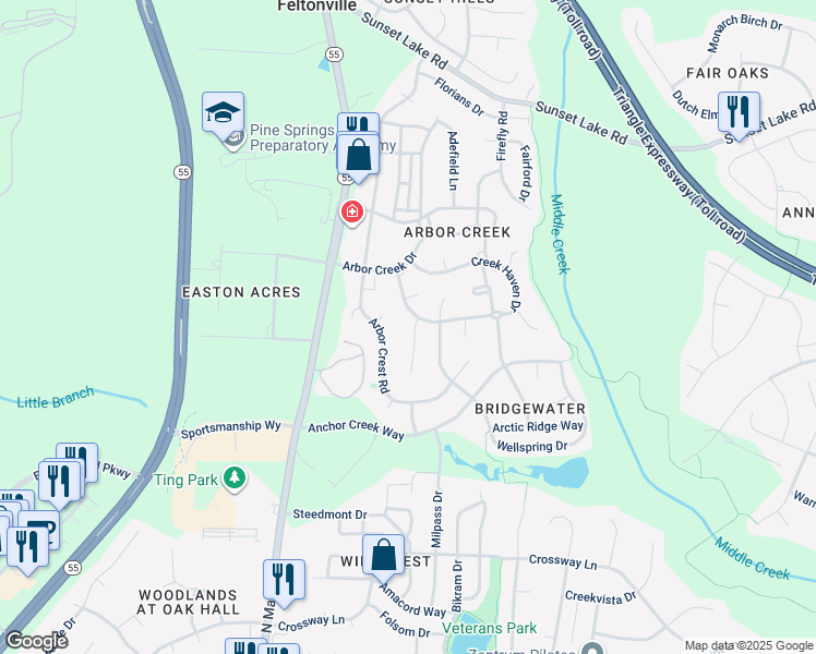 map of restaurants, bars, coffee shops, grocery stores, and more near 104 Morena Drive in Holly Springs