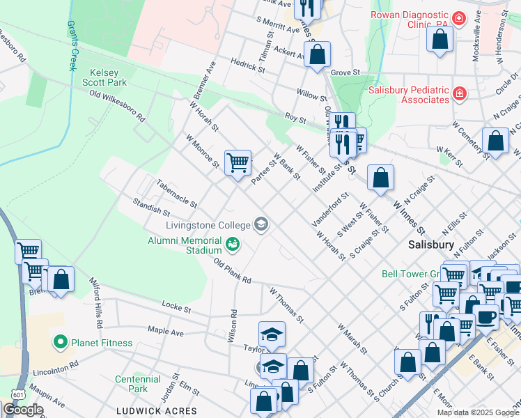map of restaurants, bars, coffee shops, grocery stores, and more near 1100 West Monroe Street in Salisbury