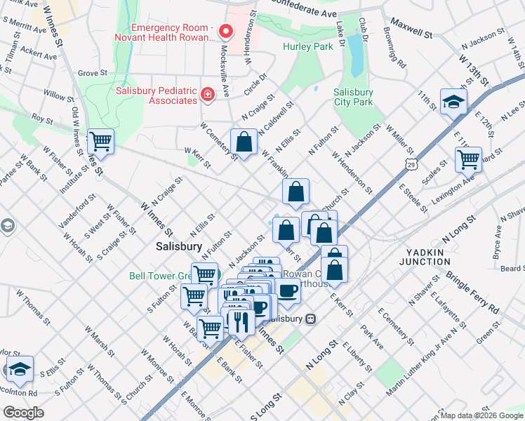 map of restaurants, bars, coffee shops, grocery stores, and more near 409 N Fulton St in Salisbury
