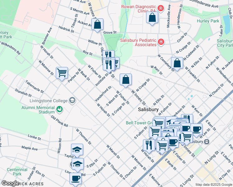 map of restaurants, bars, coffee shops, grocery stores, and more near 801 W Fisher St in Salisbury