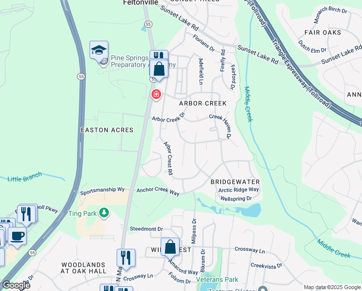 map of restaurants, bars, coffee shops, grocery stores, and more near 104 Morena Drive in Holly Springs