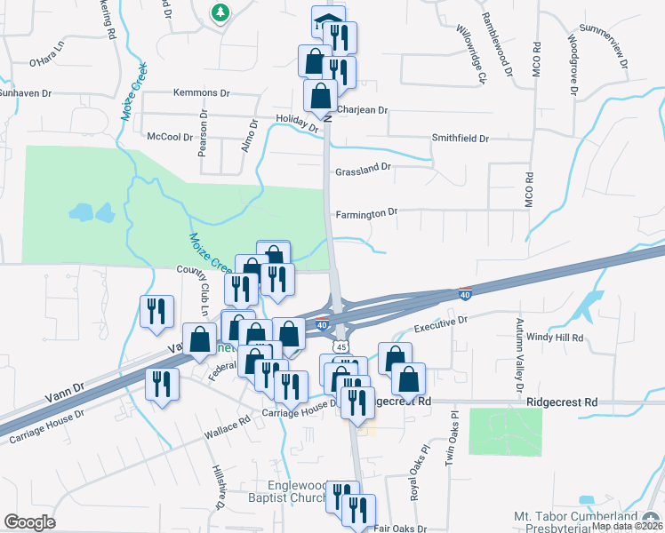 map of restaurants, bars, coffee shops, grocery stores, and more near 2505 North Highland Avenue in Jackson