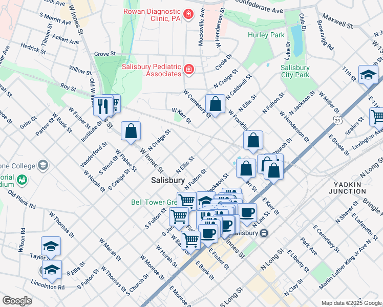 map of restaurants, bars, coffee shops, grocery stores, and more near 501 West Liberty Street in Salisbury