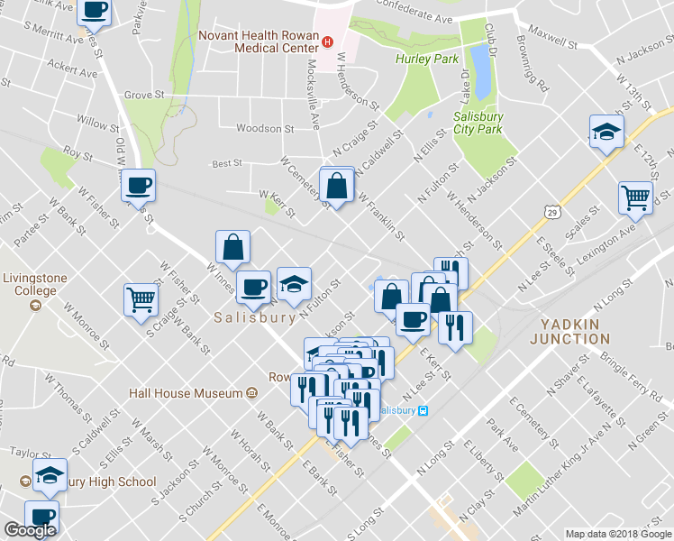 map of restaurants, bars, coffee shops, grocery stores, and more near 324 North Fulton Street in Salisbury