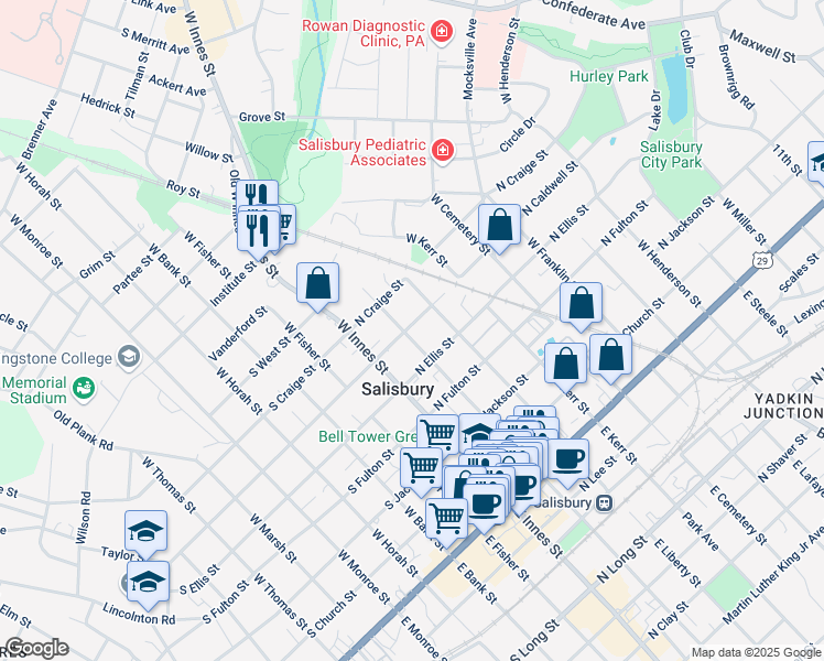 map of restaurants, bars, coffee shops, grocery stores, and more near 530 West Council Street in Salisbury