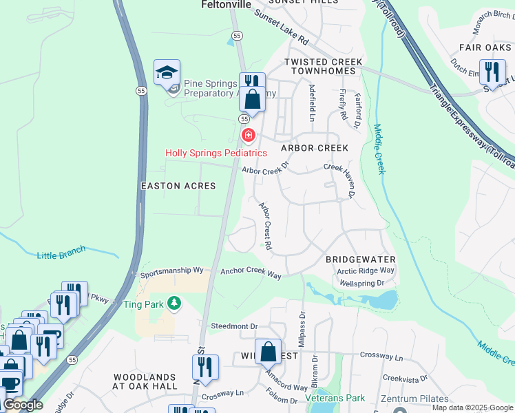 map of restaurants, bars, coffee shops, grocery stores, and more near 208 Arbor Crest Road in Holly Springs