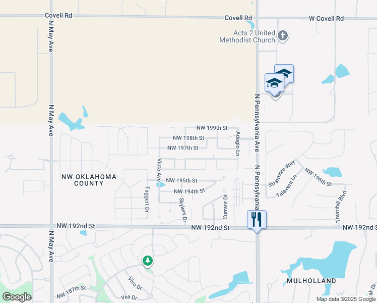 map of restaurants, bars, coffee shops, grocery stores, and more near 2368 Northwest 197th Street in Edmond