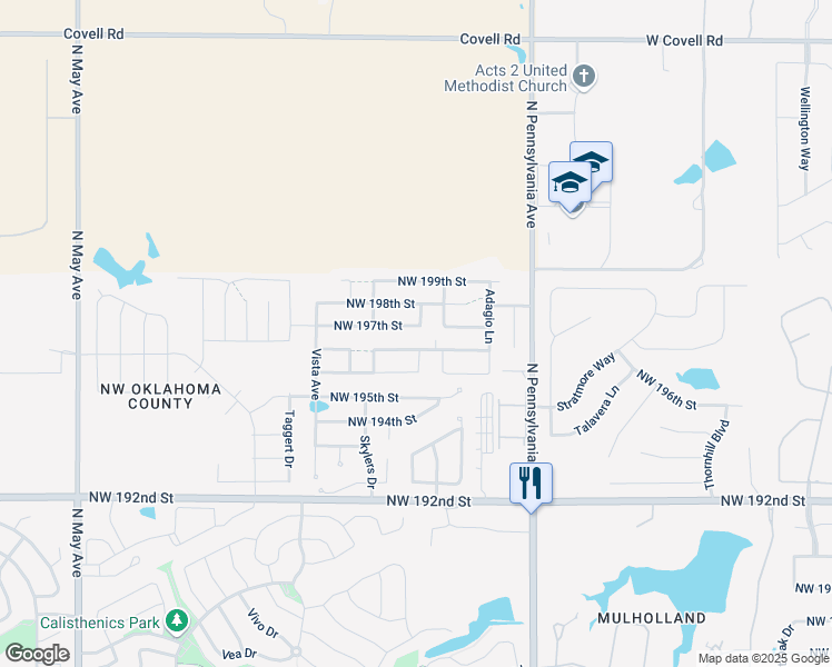 map of restaurants, bars, coffee shops, grocery stores, and more near 2328 Northwest 197th Street in Edmond