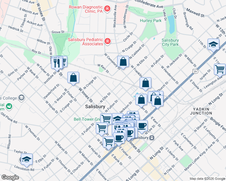 map of restaurants, bars, coffee shops, grocery stores, and more near 314 North Ellis Street in Salisbury