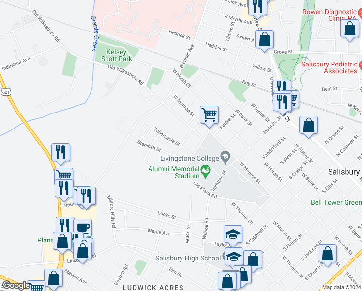 map of restaurants, bars, coffee shops, grocery stores, and more near 698 Forney Street in Salisbury