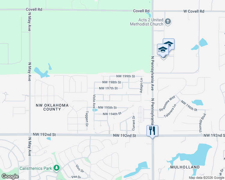 map of restaurants, bars, coffee shops, grocery stores, and more near 2368 Northwest 197th Street in Edmond
